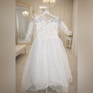 NWT Girls Size 10 White Flower Girl Dress Communion Lace Tulle Bow Long Sleeve